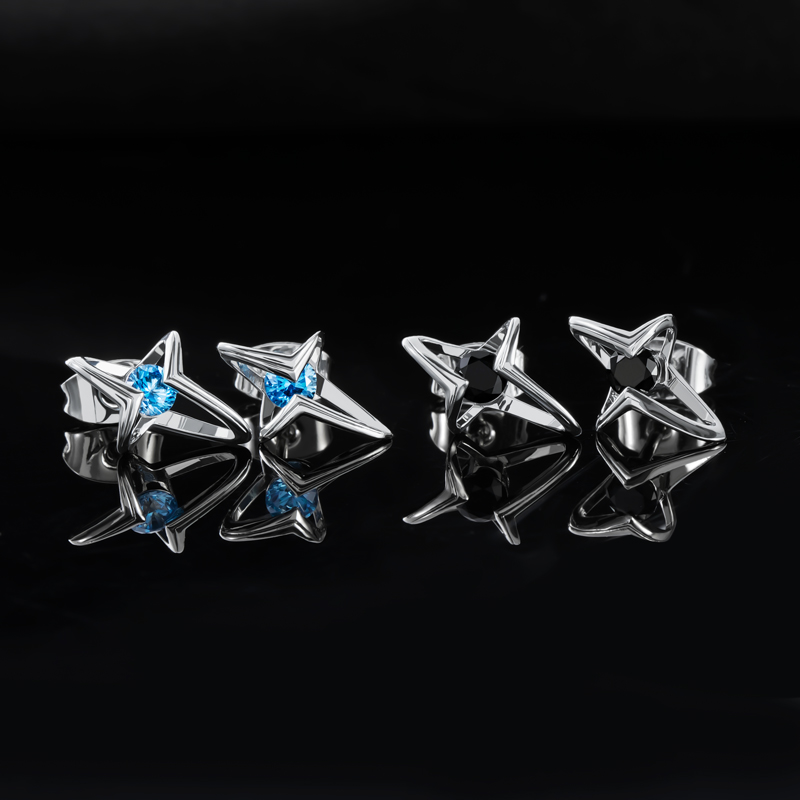 Blue/Black Round Cut Star Stud Earrings