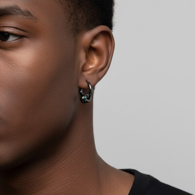 Black Punk Ball & Emerald Scattered Circle Hoop Earring