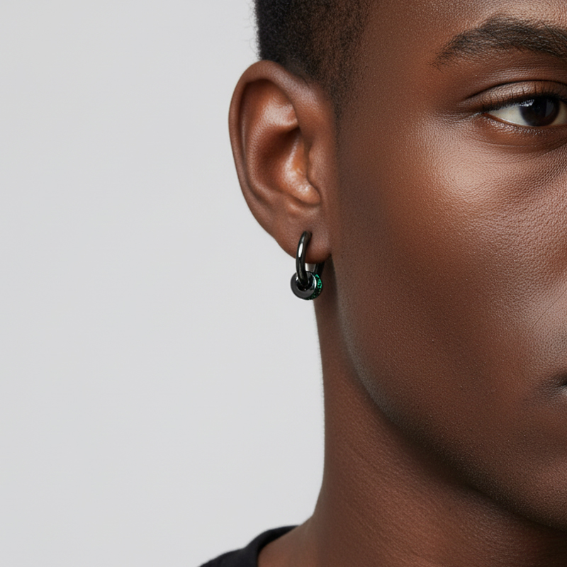 Black Punk Ball & Emerald Scattered Circle Hoop Earring