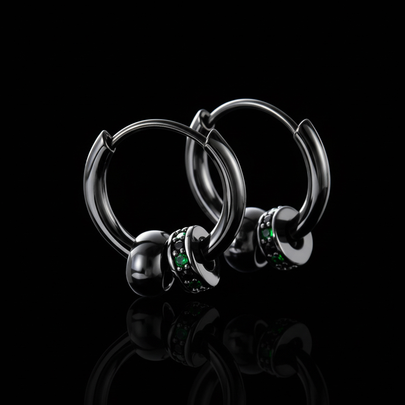 Black Punk Ball & Emerald Scattered Circle Hoop Earring