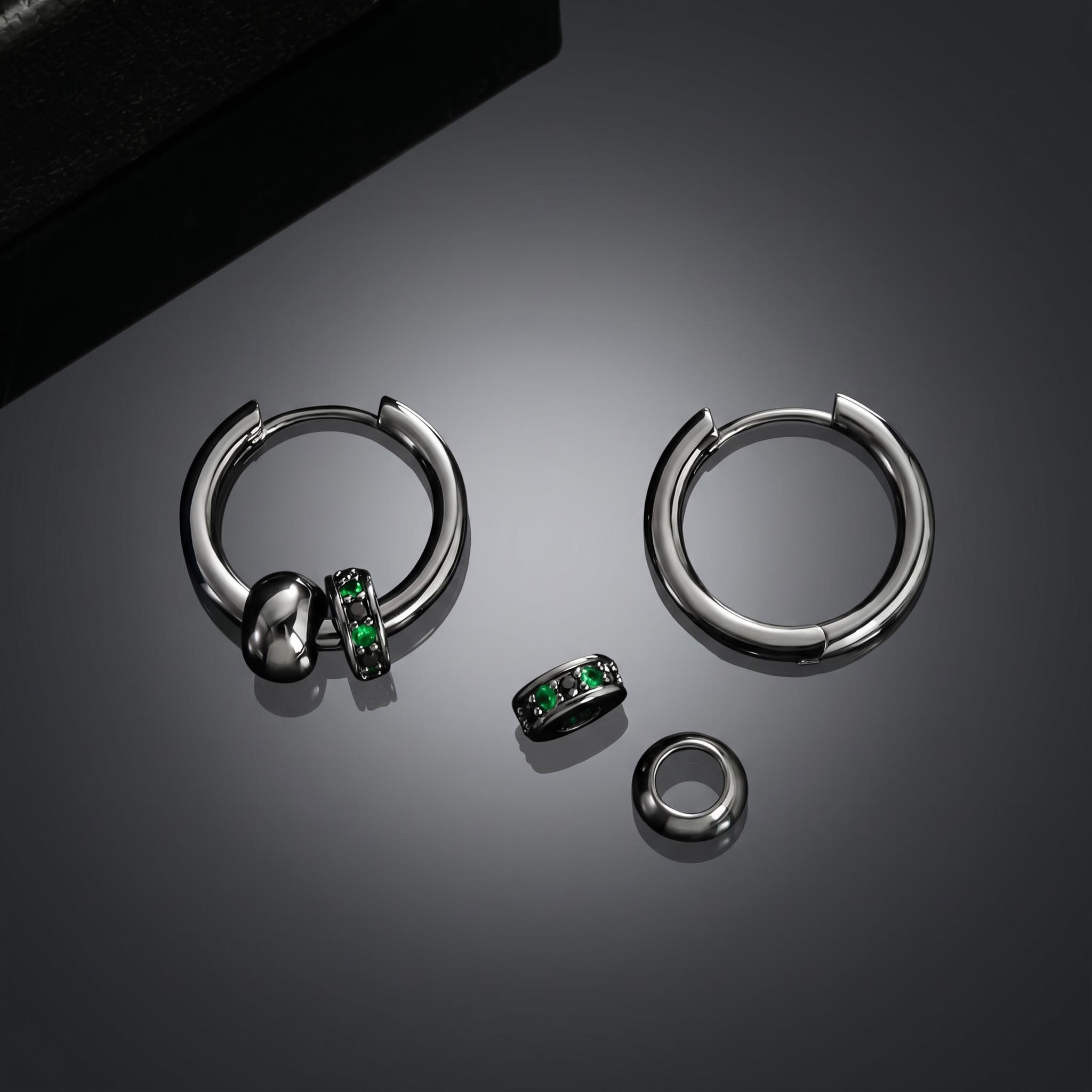 Black Punk Ball & Emerald Scattered Circle Hoop Earring