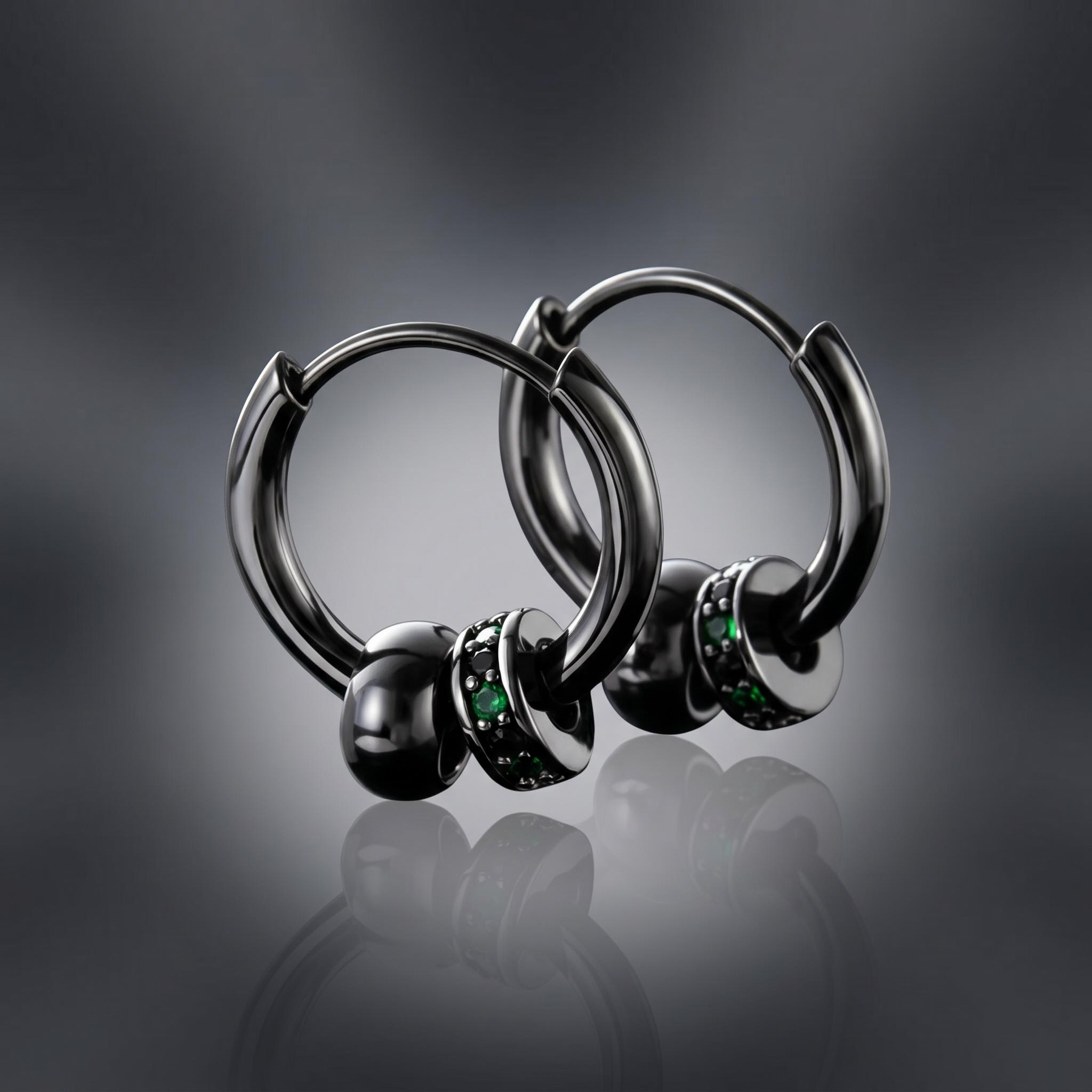Black Punk Ball & Emerald Scattered Circle Hoop Earring