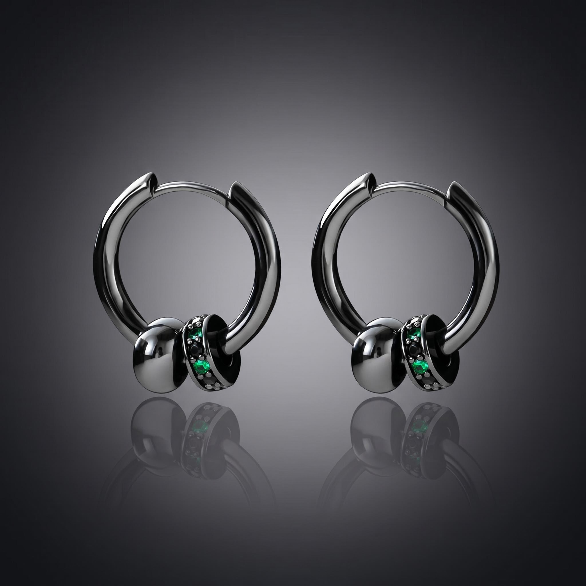 Black Punk Ball & Emerald Scattered Circle Hoop Earring