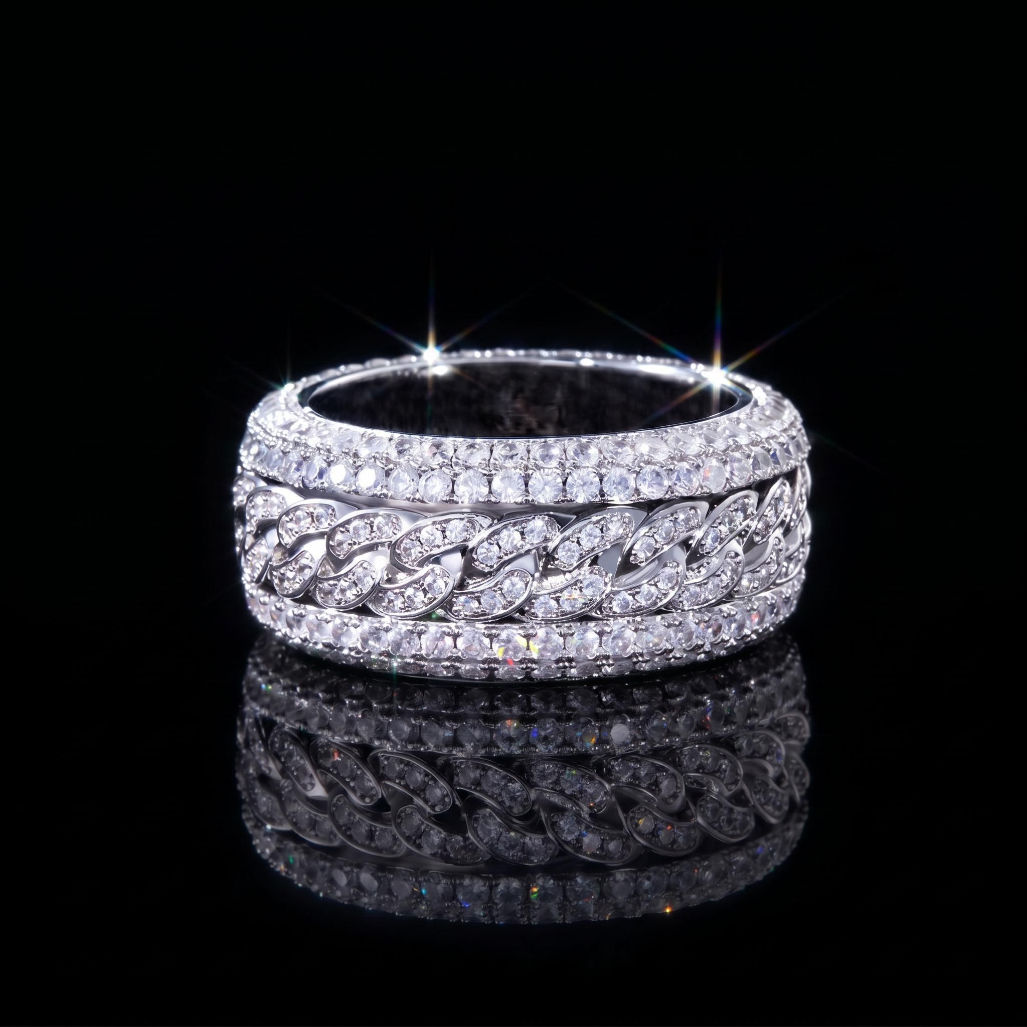 Iced Rotatable Cuban Ring in White Gold