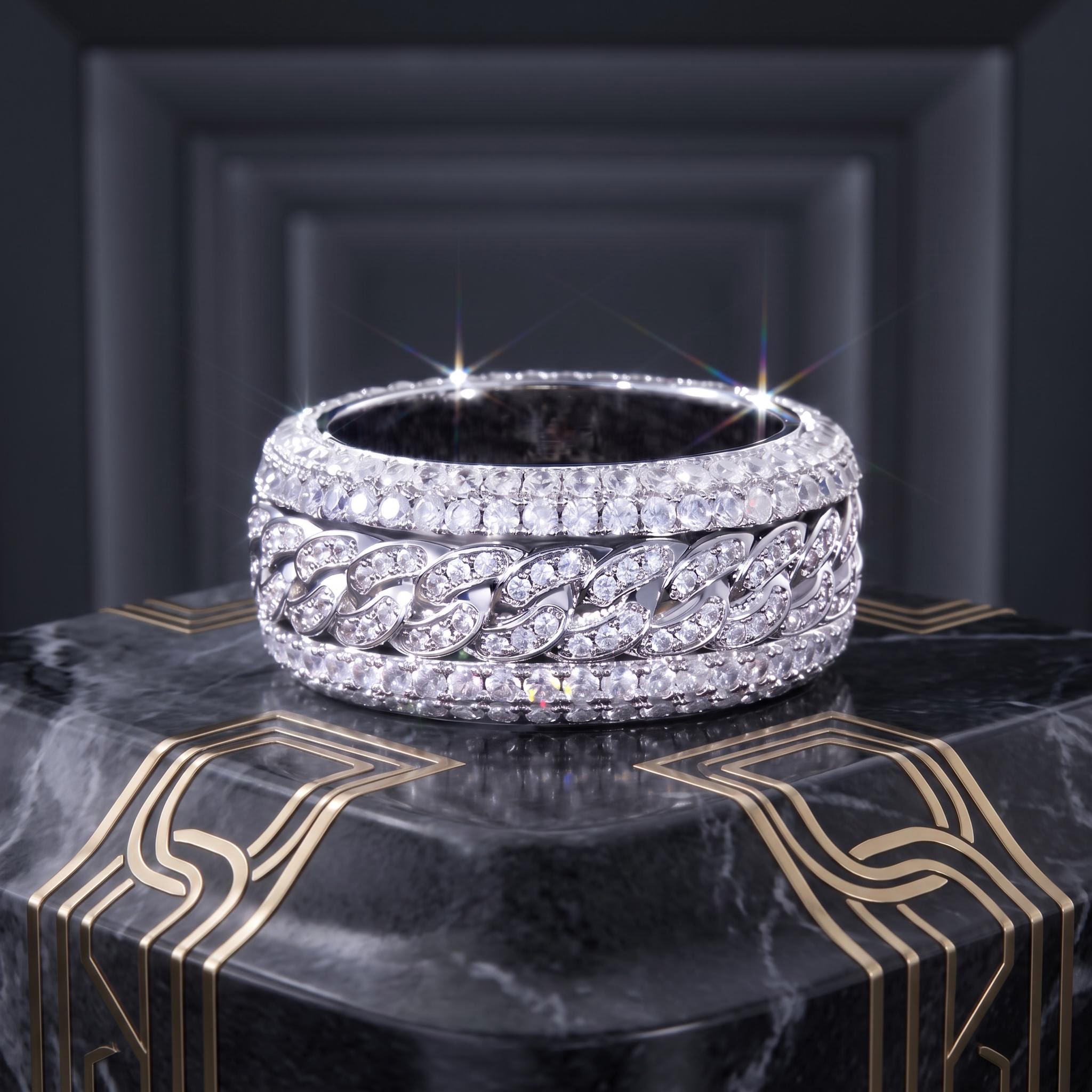 Iced Rotatable Cuban Ring in White Gold