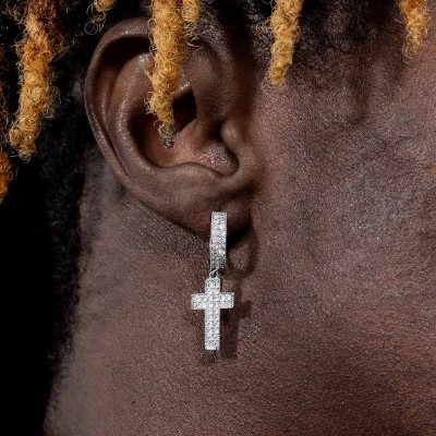 Iced Double Rows Cross Earring in White Gold