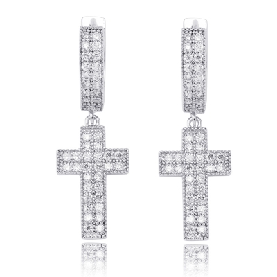 Iced Double Rows Cross Earring in White Gold
