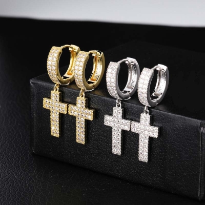 Iced Double Rows Cross Earring in White Gold
