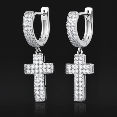 Iced Double Rows Cross Earring in White Gold