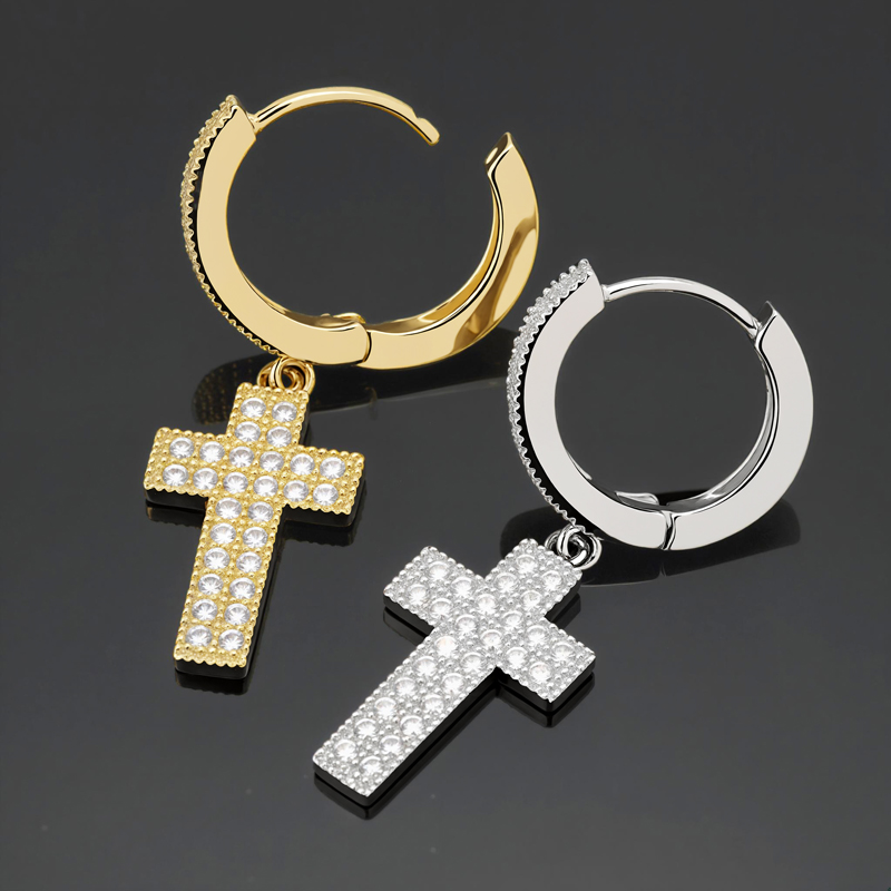 Iced Double Rows Cross Earring in White Gold
