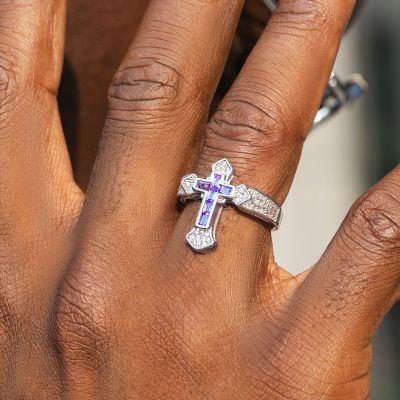  Iced Purple/White Baguette Cut Cross Ring