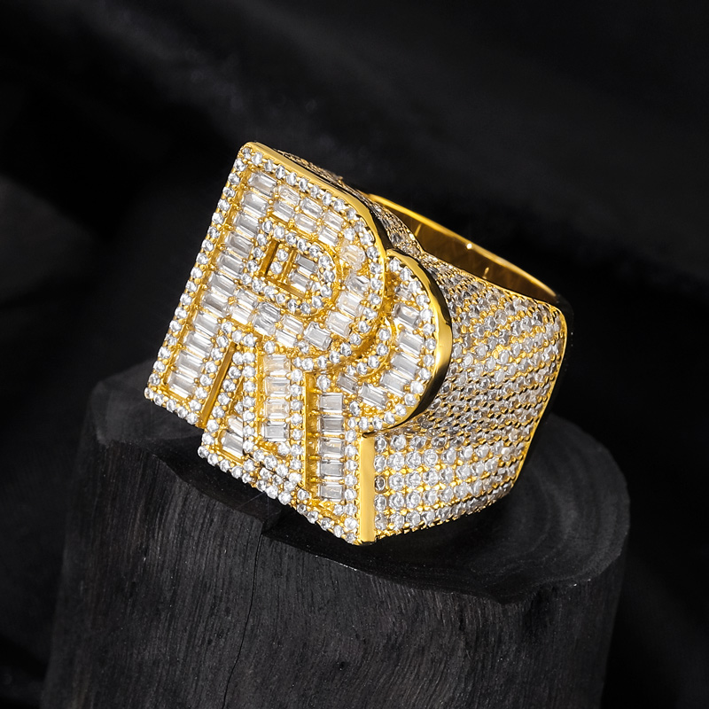 Double Baguette Cut 'R' Ring in 18K Gold Plated