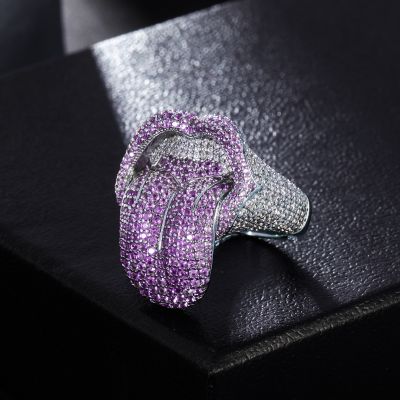 Micro Paved Purple Stones Vampire Tongue Ring in White Gold