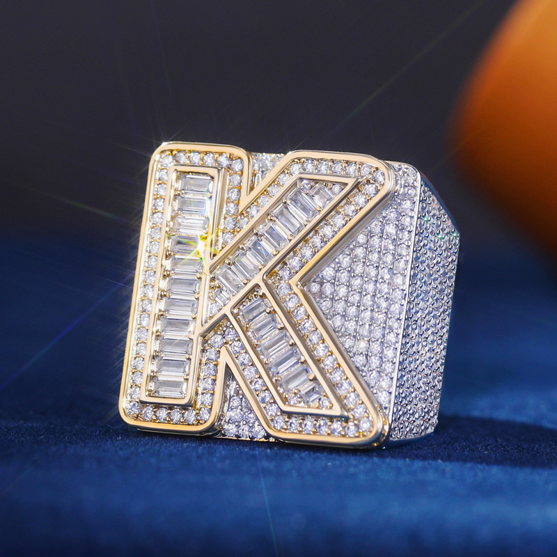 Iced Two-tone Baguette-cut Initial Letter K Ring