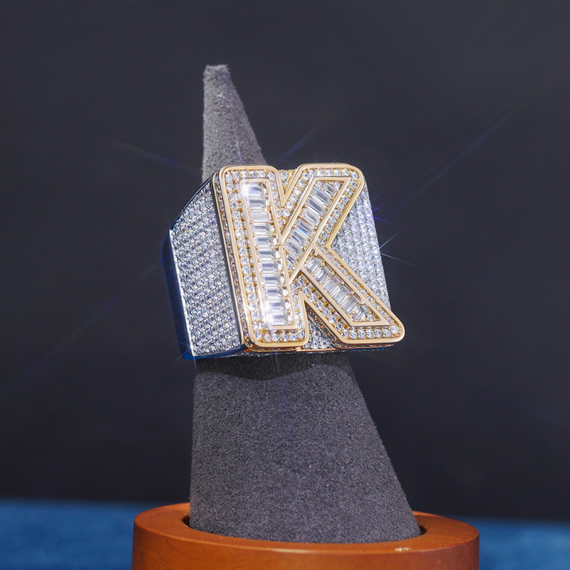 Iced Two-tone Baguette-cut Initial Letter K Ring