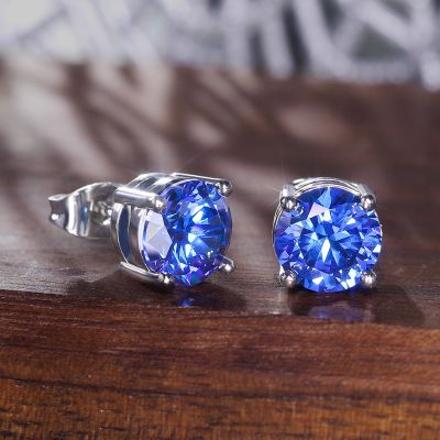 Sapphire Blue Round Cut Stud Earrings