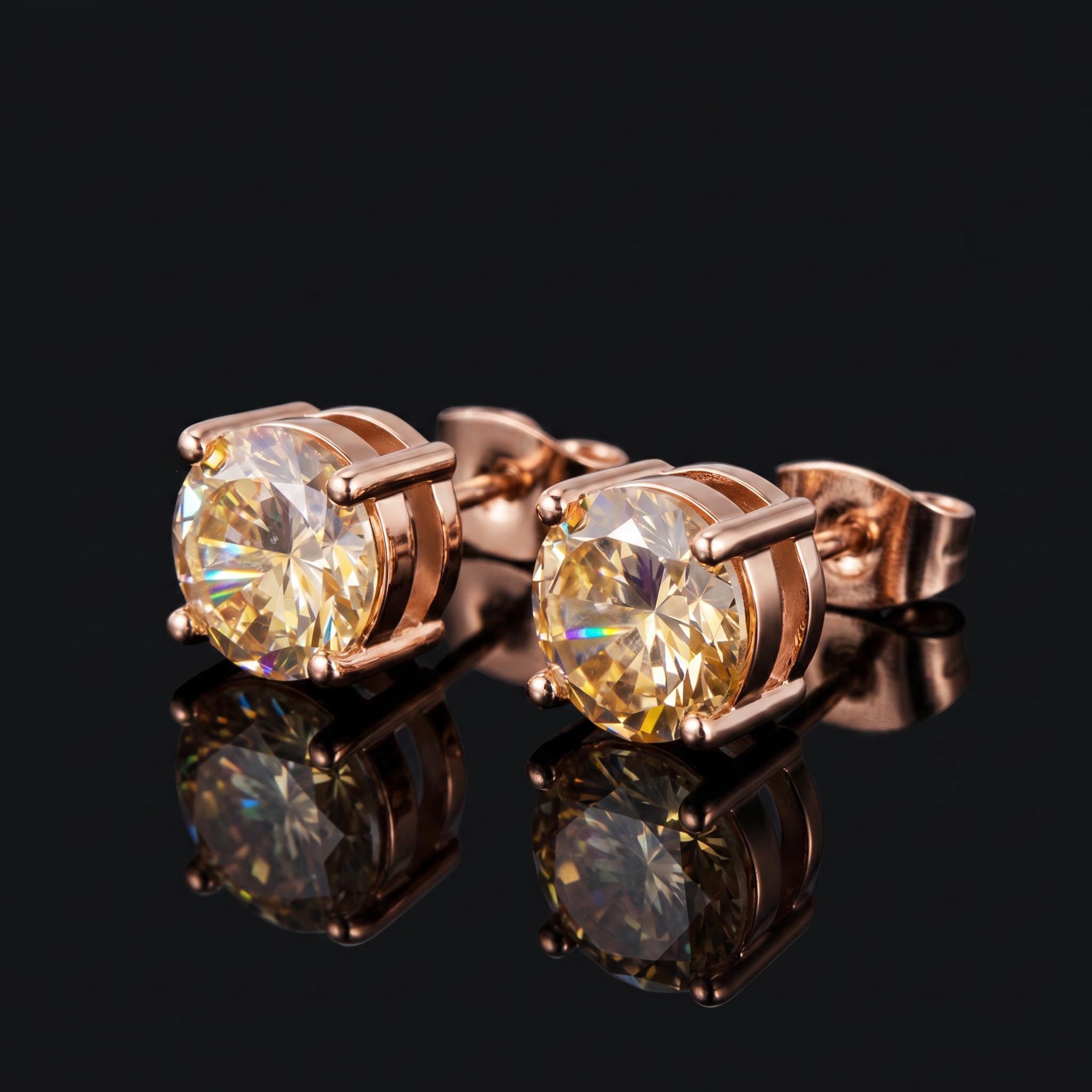 D-Champagne Round Cut Stud Earrings
