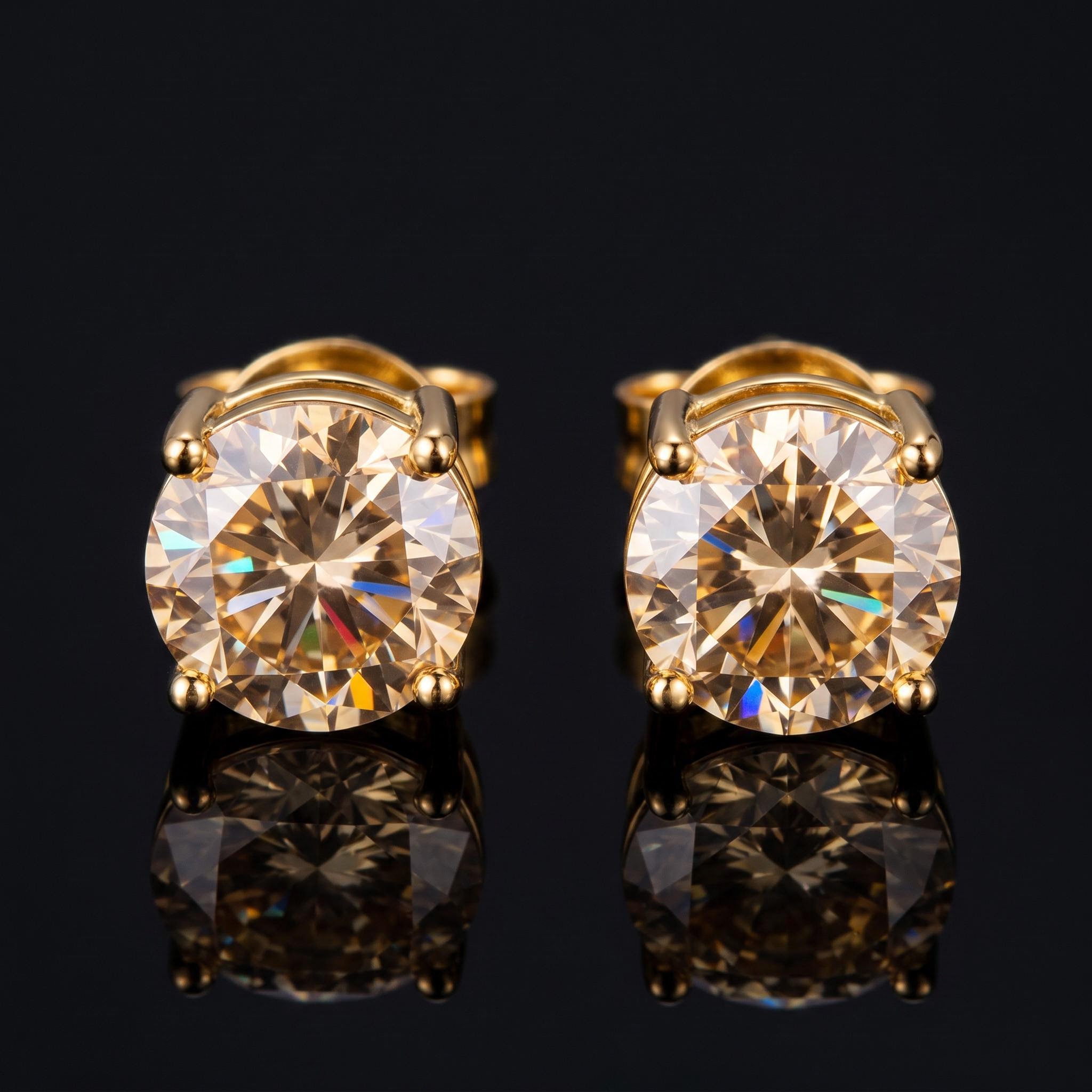 D-Champagne Round Cut Stud Earrings