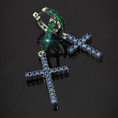 Emerald Huggie & Blue Sapphire Cross Asymmetrical Earrings