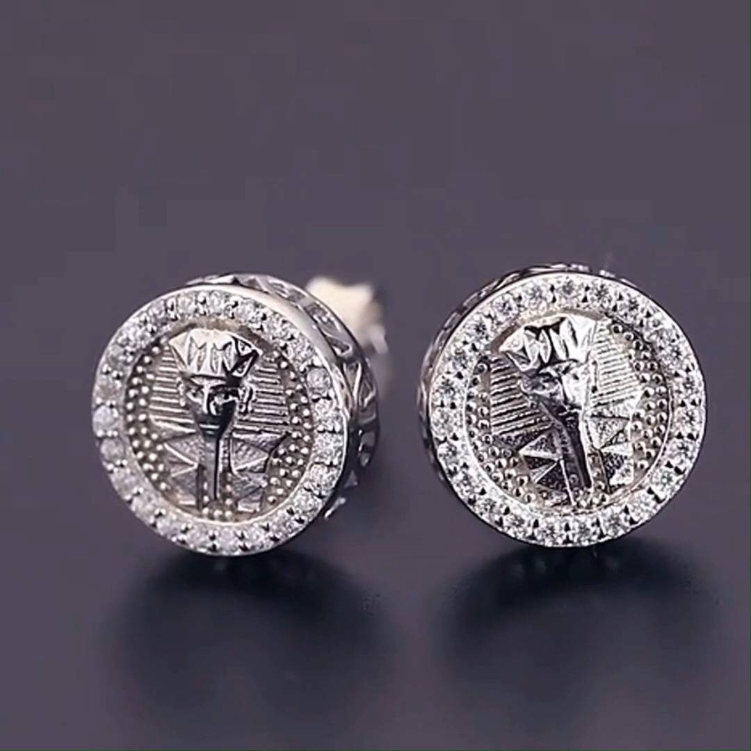 thumbnail image 2 of Add Some Ice: Shop-iGold 925 Sterling Silver Black Round Screwback Stud Earrings With Iced CZ 2 of 5