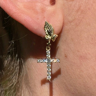 Praying Hand with Diamond Cross Drop Earrings