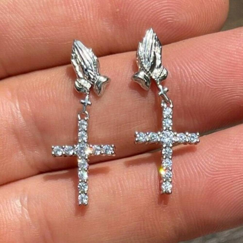 Praying Hand with Diamond Cross Drop Earrings