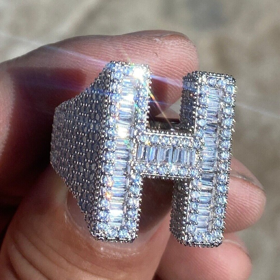  Baguette Cut Alphabet Letters Ring in White Gold