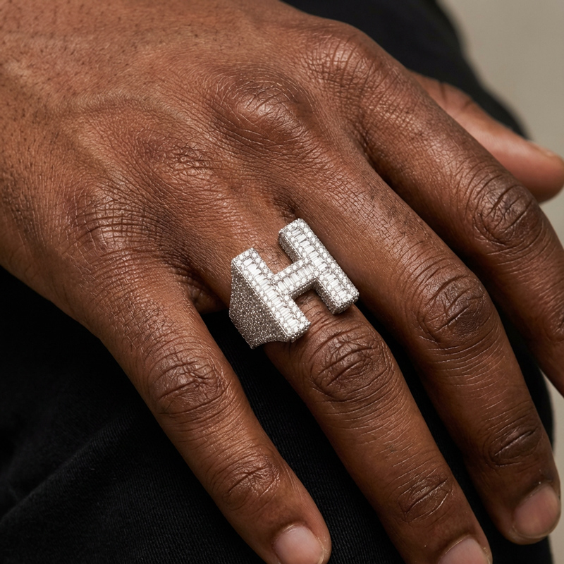  Baguette Cut Alphabet Letters Ring in White Gold
