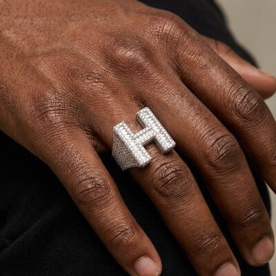  Baguette Cut Alphabet Letters Ring in White Gold