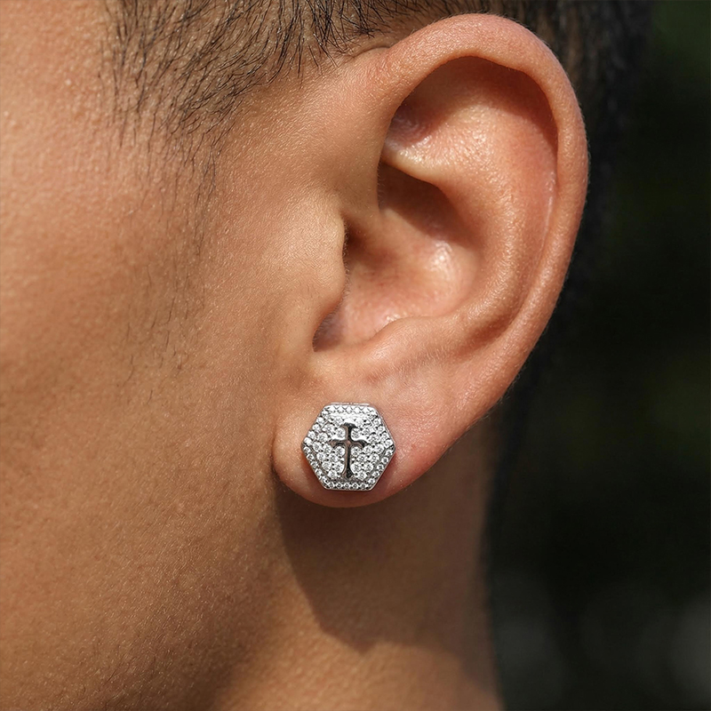 Iced Hexagon Cross Stud Earring