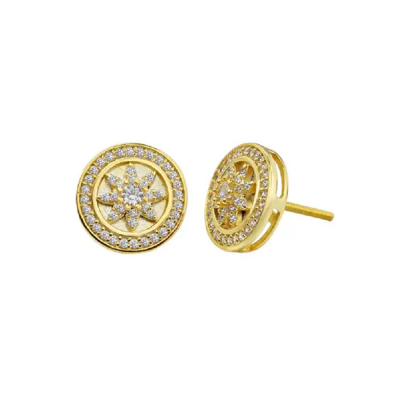 Halo Flower Round Stud Earrings in Gold