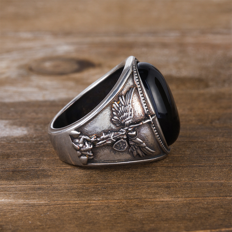  Archangel Saint Michael Men's Oval Natural Stones Signet Ring