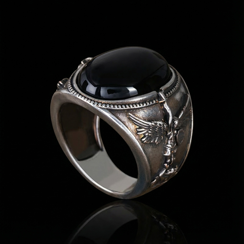  Archangel Saint Michael Men's Oval Natural Stones Signet Ring