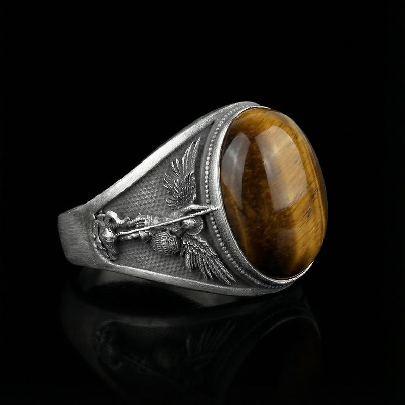  Archangel Saint Michael Men's Oval Natural Stones Signet Ring