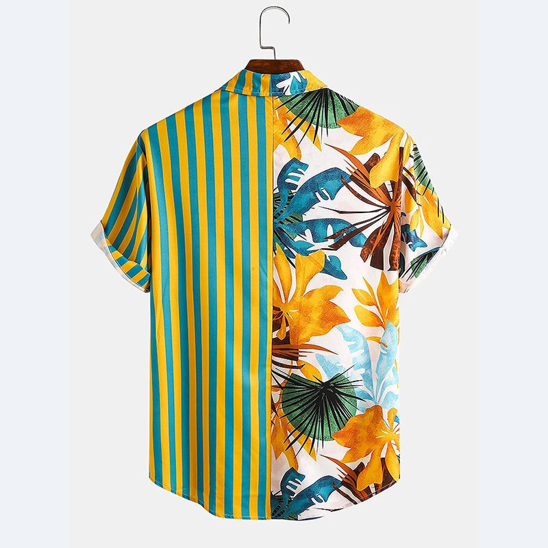 Lapel Coconut Print Striped Short Sleeve Shirt