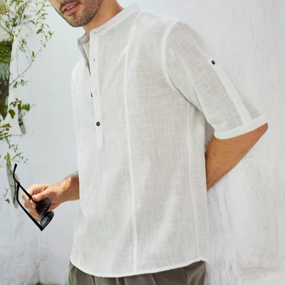 Casual Solid Color Cotton Linen Stand Collar Half Sleeve Shirt