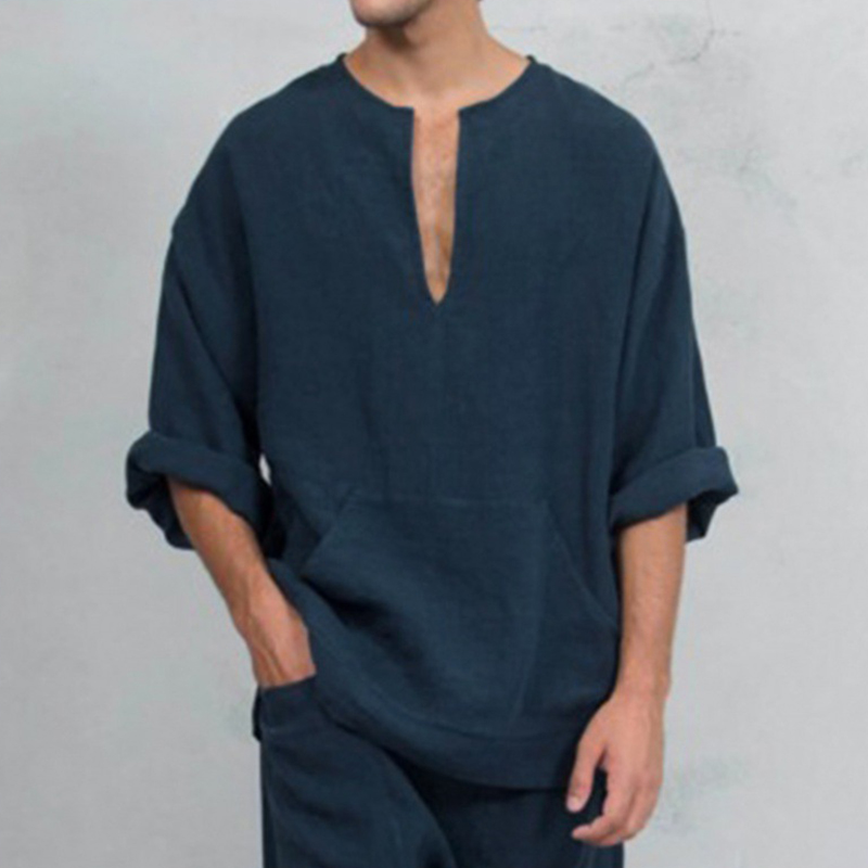 Men's Casual Collarless Loose Bell Sleeve Shirt