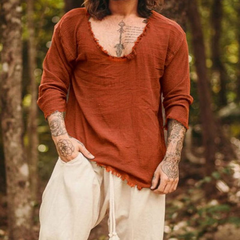 New Men's Solid Color Round Neck Frayed Loose Casual Shirt