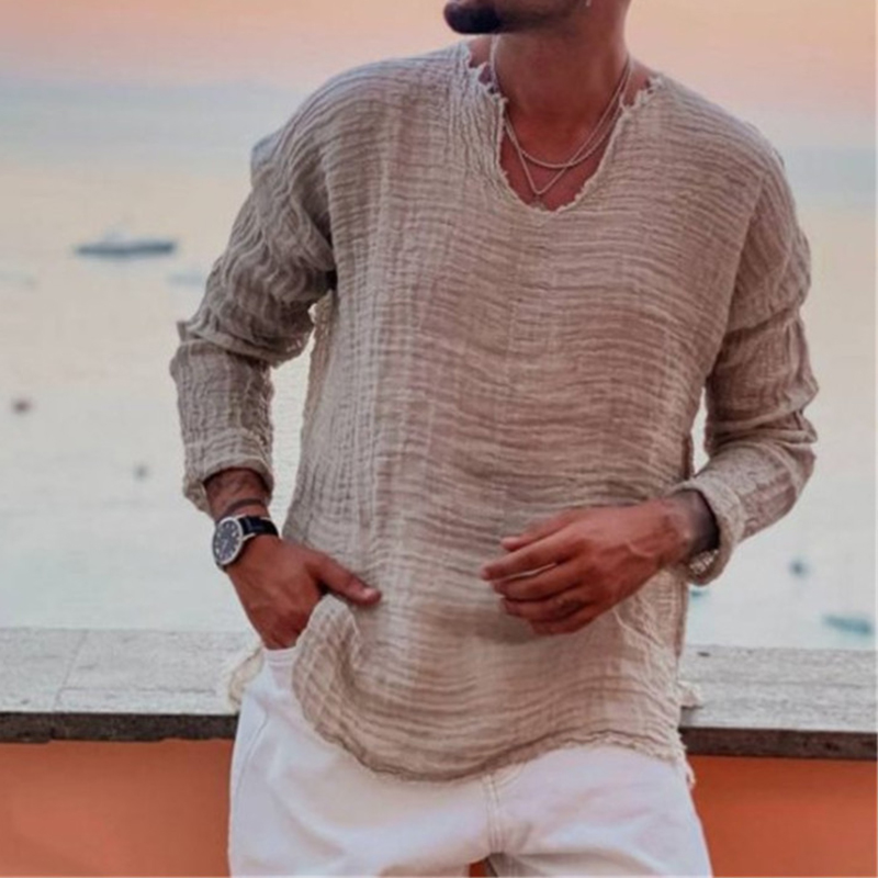 New Men's Solid Color Round Neck Frayed Loose Casual Shirt