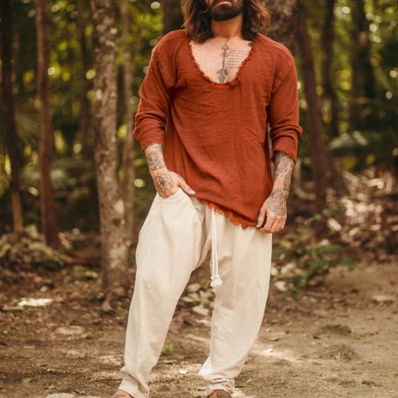 New Men's Solid Color Round Neck Frayed Loose Casual Shirt