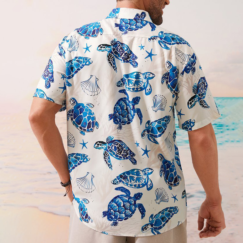 Hawaiian Turtle Print Men's Short Sleeve Lapel Shirt