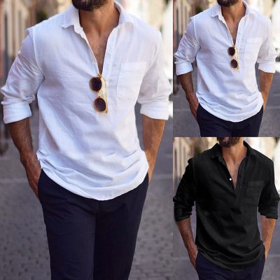 Cotton Linen Lapel Pullover Long Sleeve Shirt