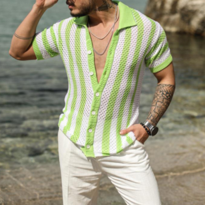 Casual Loose Hollow Stripe Knitted Shirt