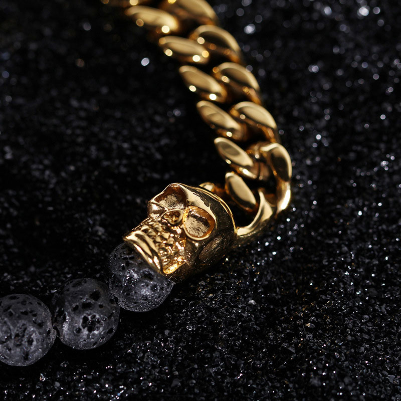 Half Spirtual Stones and Half Steel Cuban Chain Skull Bracelet in Gold