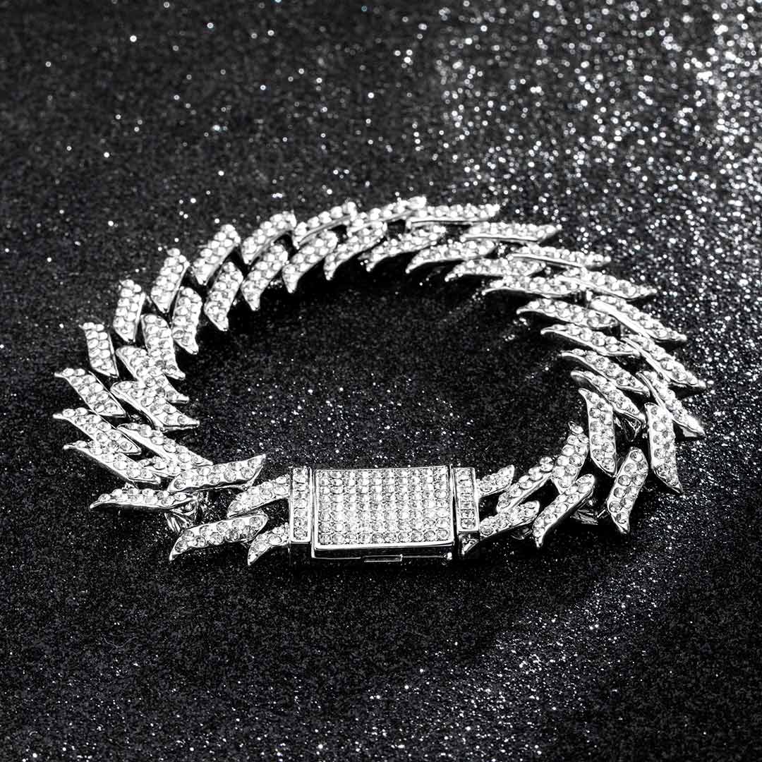 18mm Iced Spiked Cuban Bracelet in White Gold