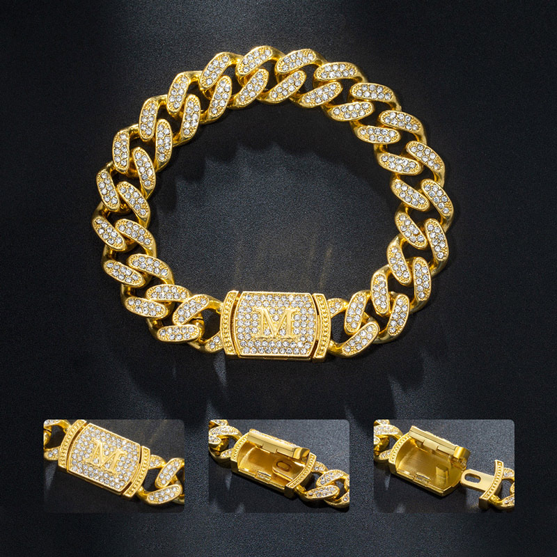 12mm 8" Initial Letter Iced Miami Cuban Bracelet in Gold