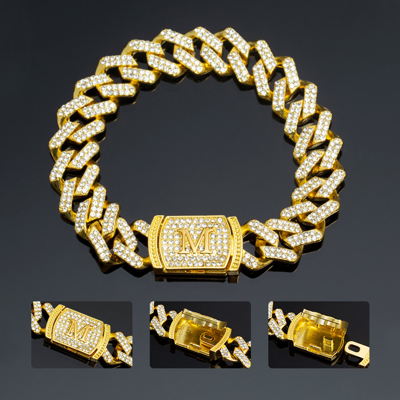 12mm 8" Initial Letter Iced Prong Cuban Bracelet in Gold