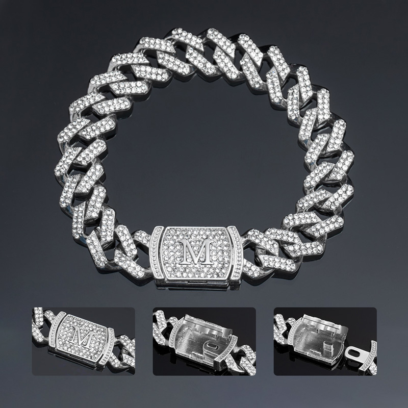 12mm 8" Initial Letter Iced Prong Cuban Bracelet in White Gold
