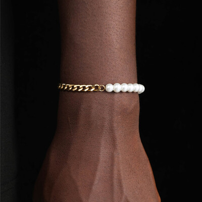 Half Pearl and Steel Cuban Bracelet
