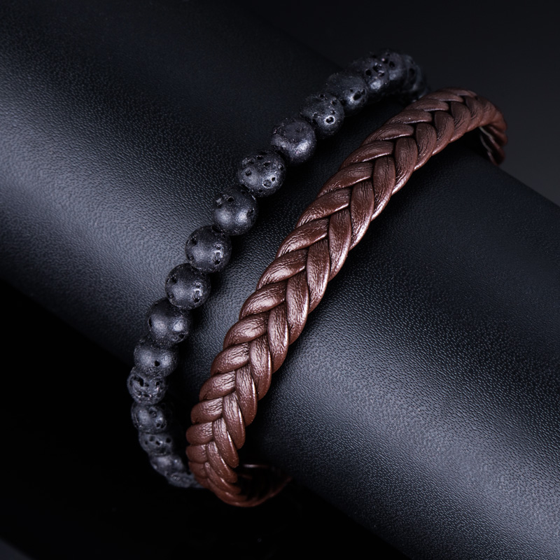  Lava Stone Brown Leather Layered Bracelet